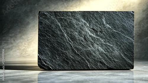 A single polished granite slab in shades of gray and white, presented on a light-neutral background, its reflective surface glowing under soft studio lighting.