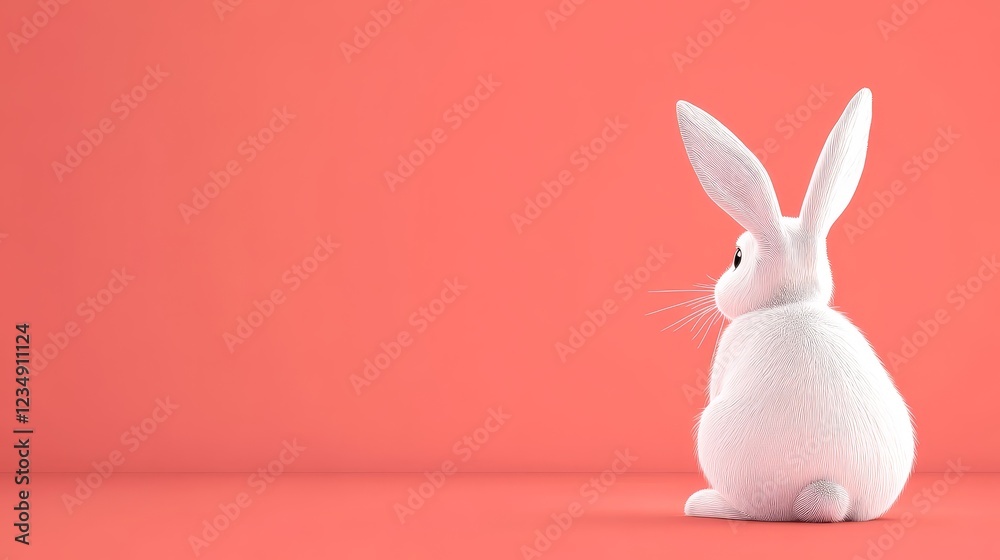 Cute White Rabbit on Solid Background - This image features a cute white rabbit sitting against a coral background, showcasing its fluffy texture and long ears. Cute White Rabbit on Solid Background - This image features a cute white rabbit sitting against a coral background, showcasing its fluffy texture and long ears.