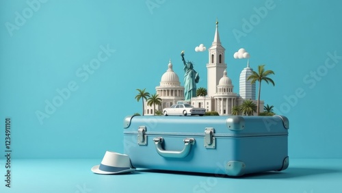 Opened blue suitcase with famous monument on blue background. Travel famous world attractions concept. 3d Render illustration