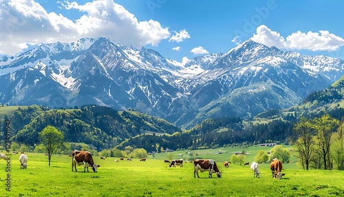 Fototapeta Naklejka Na Ścianę i Meble -  Cows grazing on the green meadow against the background of mountains