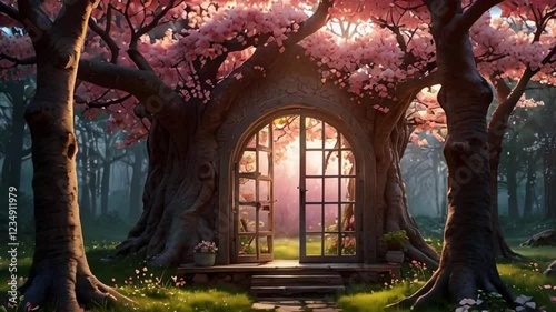 a fantastical, treehouse entrance with pink blossoms.