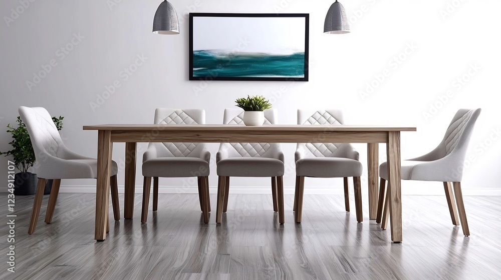 Fototapeta premium Modern dining room featuring a wooden table, elegant chairs, and serene artwork on the wall