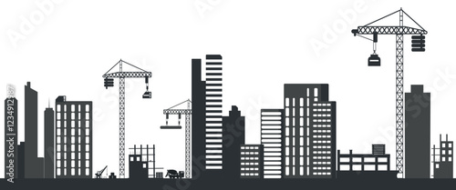 Construction site black silhouette with cranes and buildings, isolated on transparent background.