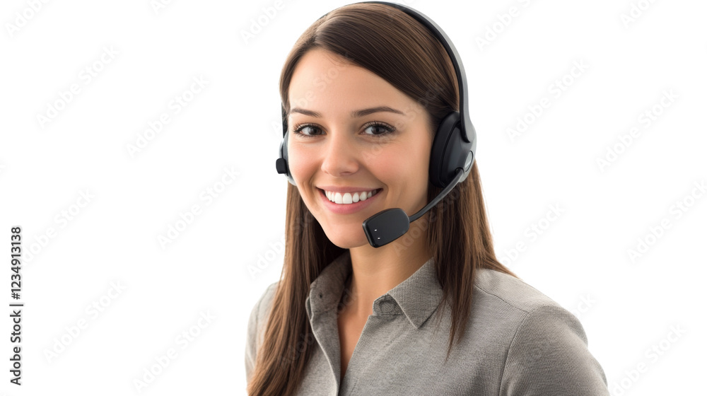 Smiling customer service representative wearing headset on transparent background Smiling customer service representative wearing headset on transparent background