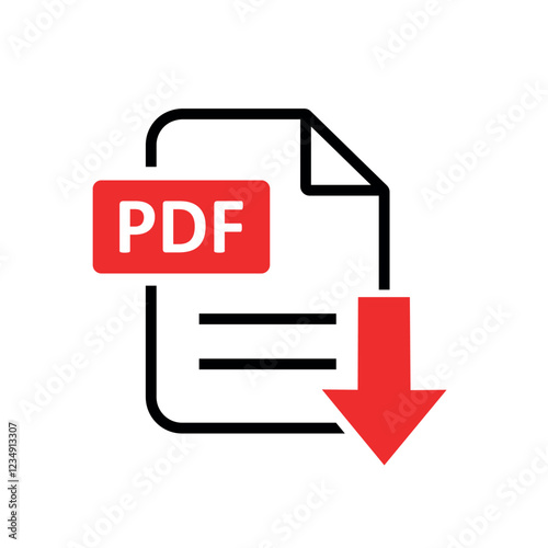 PDF file format icon with document text and download symbol. Vector illustration.