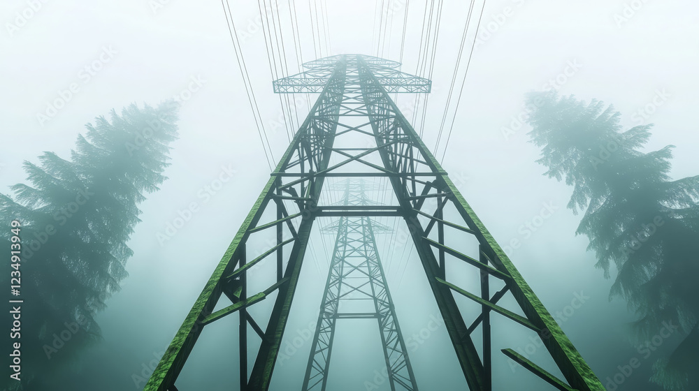 Obraz premium low angle view of towering power pylon surrounded by misty trees creates mysterious atmosphere. structure stands tall amidst fog, emphasizing its height and industrial design