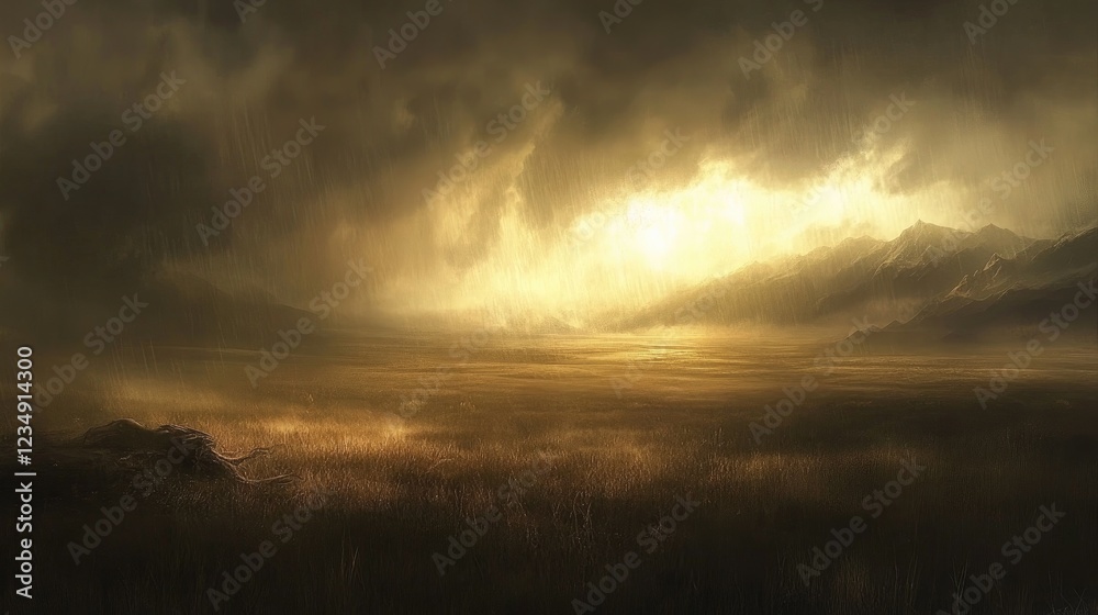 A vast open plain with distant mountains under a stormy sky. A vast open plain with distant mountains under a stormy sky.