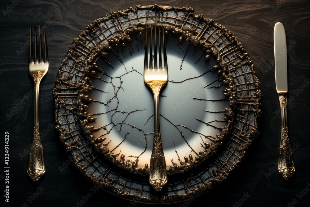 Golden fork on cracked plate with decorative rim, knife and fork on dark wooden table setting an elegant and intriguing table Golden fork on cracked plate with decorative rim, knife and fork on dark wooden table setting an elegant and intriguing table