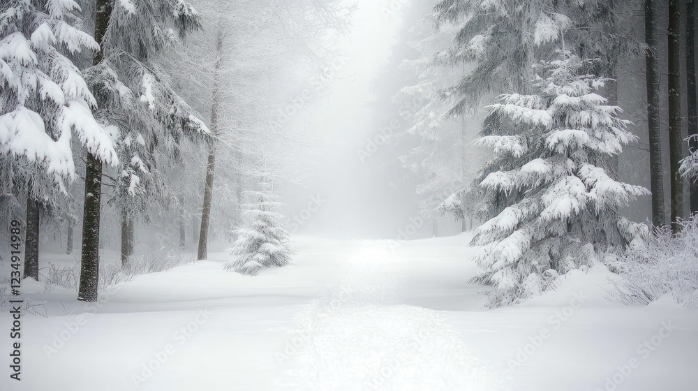 Fototapeta premium Snow Covered Path Through A Misty Winter Forest