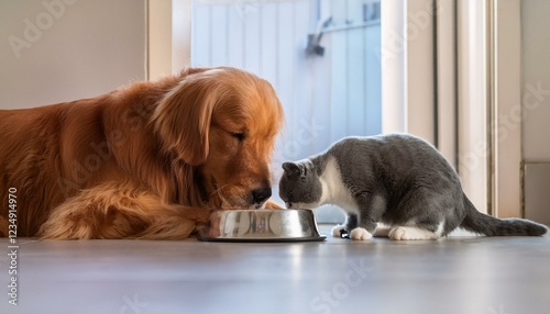golden retriever and british shorthair eating together