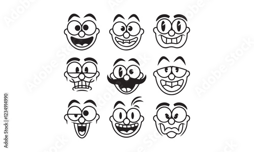 A collection of cartoon faces with exaggerated features, focusing on large,