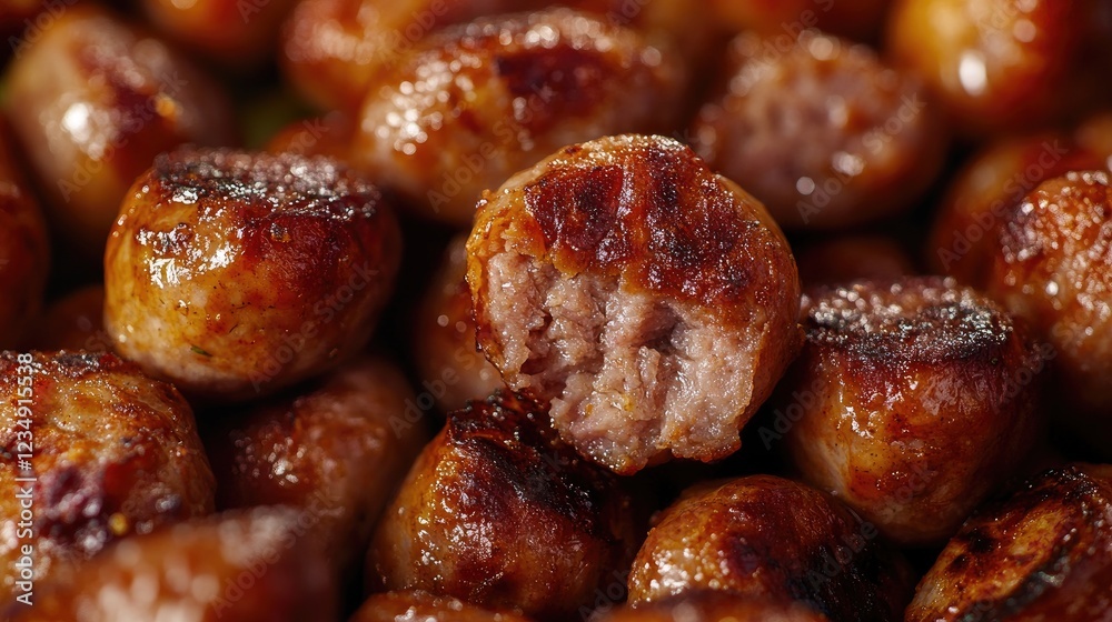 Close-up of crispy sausage skin splitting to reveal juicy meat. Close-up of crispy sausage skin splitting to reveal juicy meat.