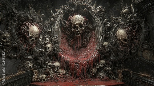 Bloody skull throne, dark fantasy, dripping gore, gothic room, game asset photo