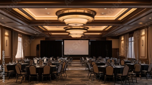 Pre-conference setup depicted in a 3D illustration, offering a rendering of the presentation area complete with chairs and tables.