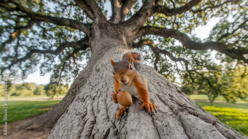 Obraz premium Red squirrel holding a nut on a giant tree