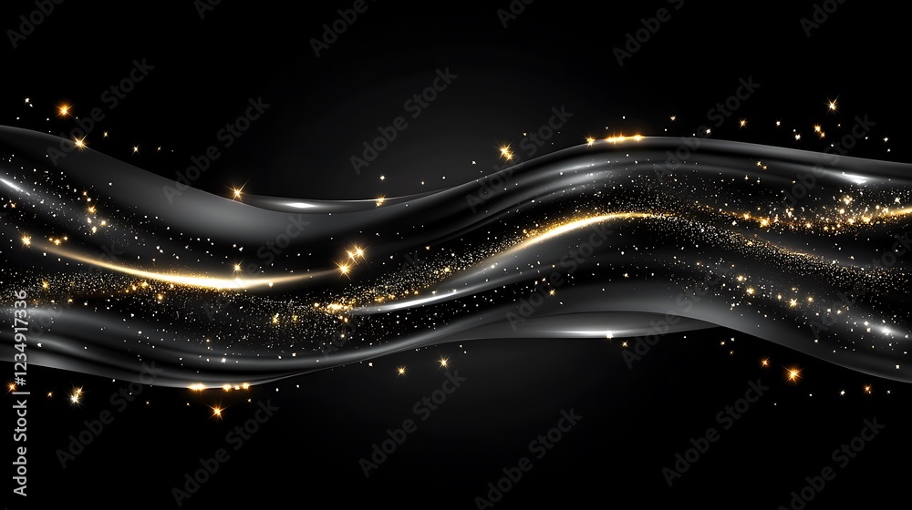 Obraz premium Elegant Black Wave with Golden Glitter and Stars