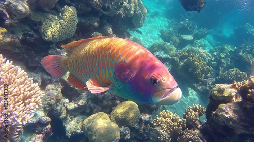 Vibrant Snorkeler Observing Coral Reef Life