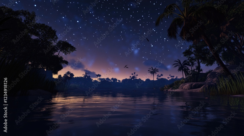 Naklejka premium The night sky awash with stars above a calm, reflective lagoon.
