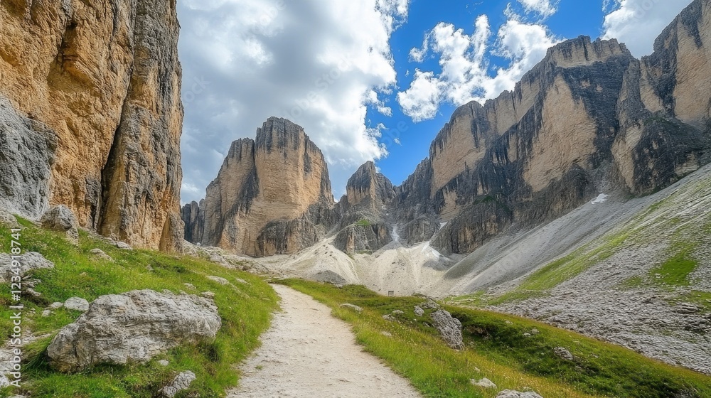A mountain pass with a narrow trail leading between towering cliffs. A mountain pass with a narrow trail leading between towering cliffs.