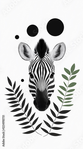 Zebra's head with black-and-white stripes, with geometric elements and green leaves, balance between nature and design, with a sleek and sophisticated feel photo