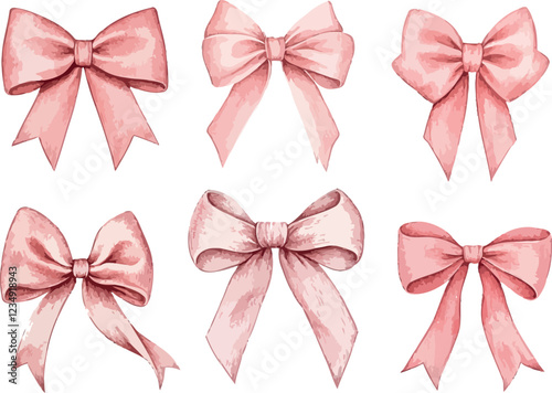 Watercolor vintage pink ribbons and bows Valentines day illustration 
