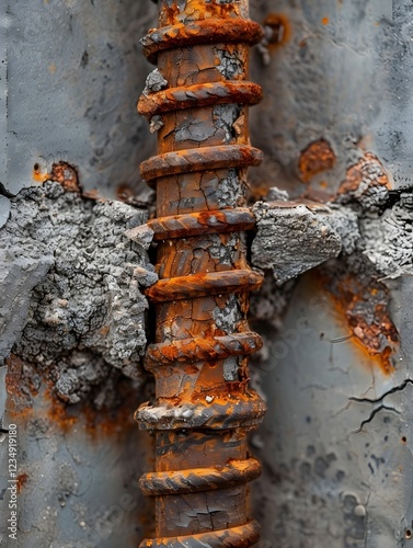 Weathered Rebar and Cracked Concrete at Abandoned Construction Site Detailed Macro Photograph
