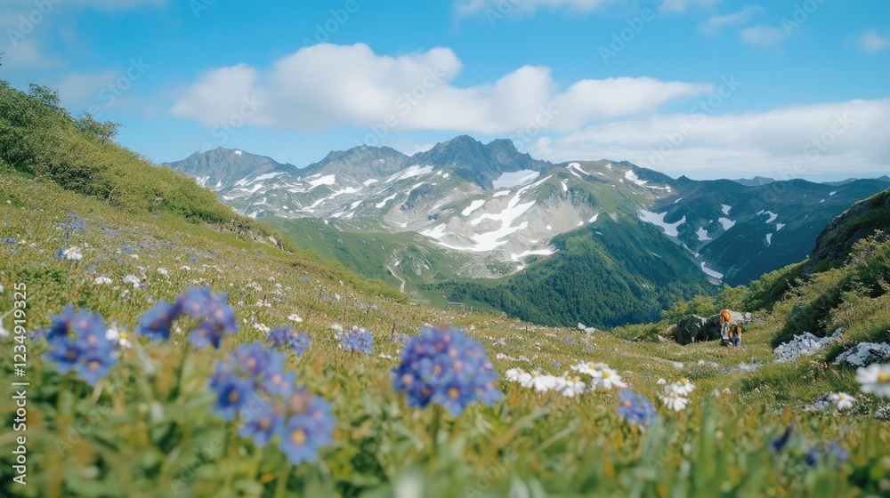 A mountain slope dotted with patches of snow and alpine flowers. A mountain slope dotted with patches of snow and alpine flowers.