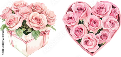 beautiful watercolor illustration of pink roses in heart shaped box, perfect for Valentine Day. vibrant colors and delicate details evoke feelings of love and affection