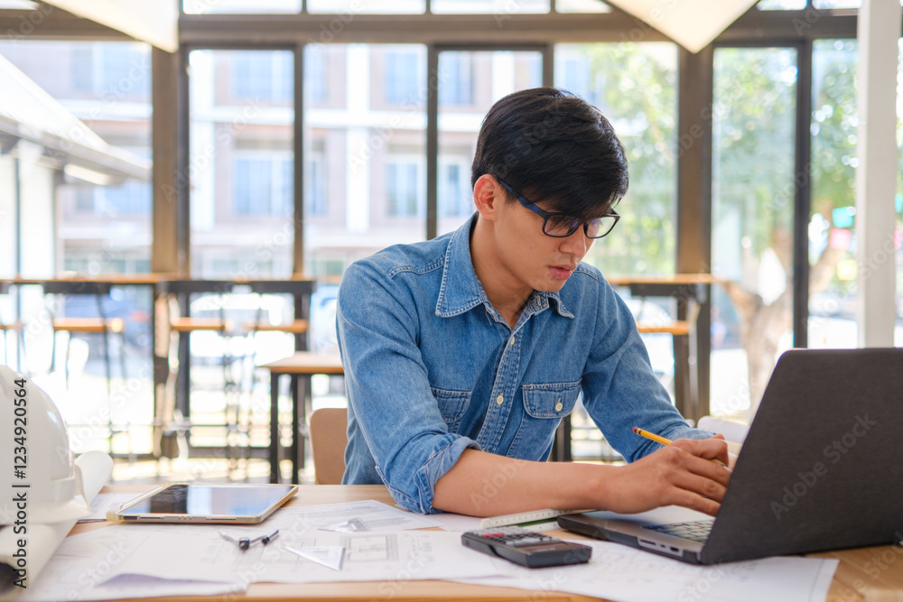 Architect and engineer working on blueprints using a laptop and tablet in a modern office Architect and engineer working on blueprints using a laptop and tablet in a modern office