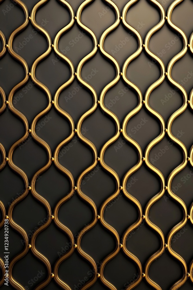 Fototapeta premium Intricate golden patterned metal lattice design on a dark background, ideal for decorative use