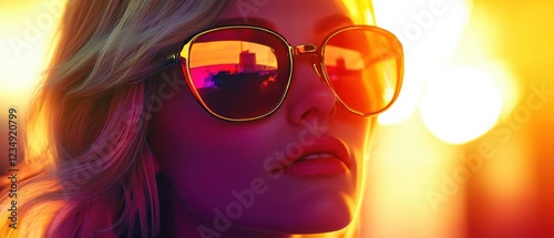 Closeup of a stylish blonde woman wearing goldrimmed sunglasses with a city reflection, bathed in warm, vibrant light Concept of fashion, urban life, and retro style photo