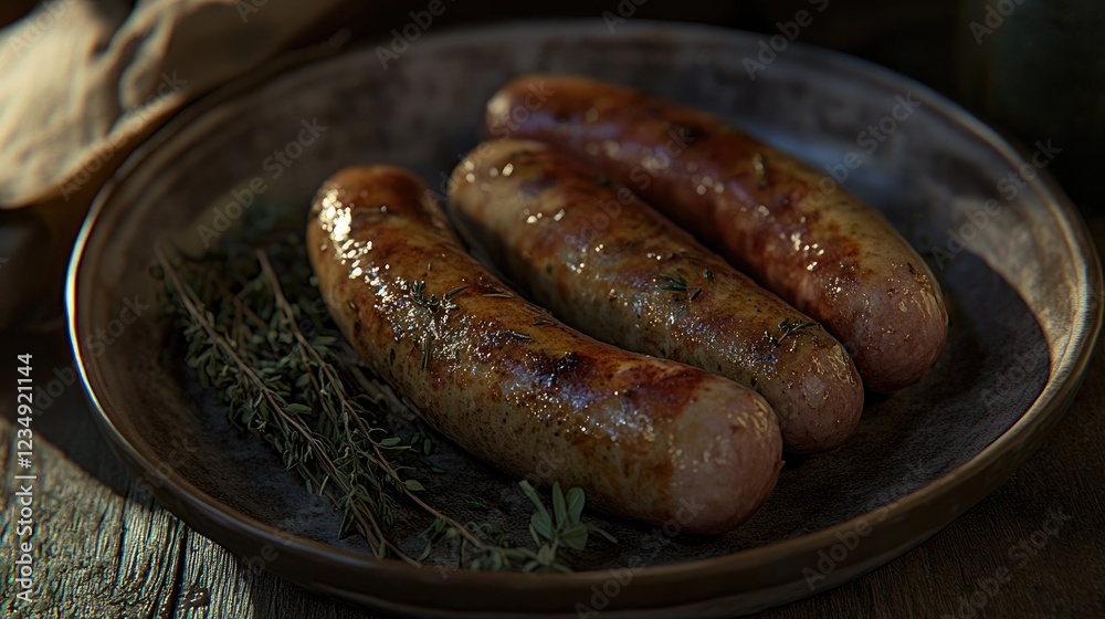 A rustic kitchen scene with fried sausages on a plate next to fresh herbs. A rustic kitchen scene with fried sausages on a plate next to fresh herbs.