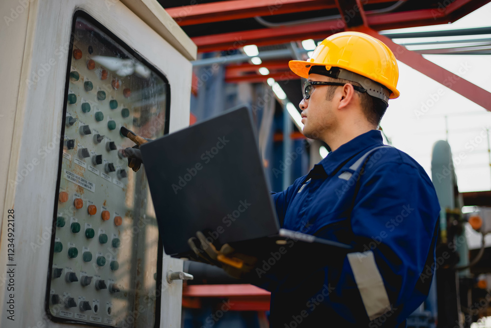 A plumbing inspector is hard at work inspecting the operation of a high-pressure water pump in an industrial plant. A plumbing inspector is hard at work inspecting the operation of a high-pressure water pump in an industrial plant.
