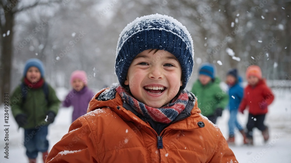 Joyful young child playing in the snow surrounded by friends on a winter day in a scenic park filled with trees and gentle snowfall, embodying the spirit of childhood happiness and freedom Joyful young child playing in the snow surrounded by friends on a winter day in a scenic park filled with trees and gentle snowfall, embodying the spirit of childhood happiness and freedom