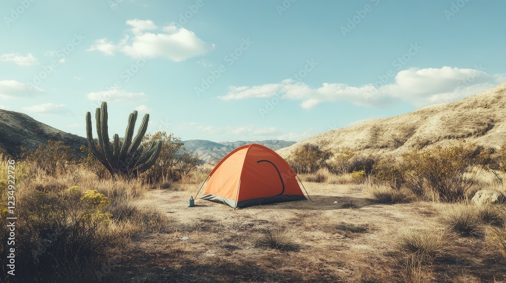 A small tent in a dry, arid landscape with cacti nearby. A small tent in a dry, arid landscape with cacti nearby.