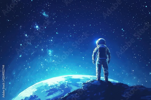 Astronaut Gazes Upon Distant Planet And Starry Sky photo