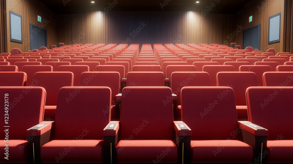 Fototapeta premium spacious cinema hall featuring rows of red seats, creating warm and inviting atmosphere for moviegoers. design emphasizes comfort and accessibility, perfect for enjoying films