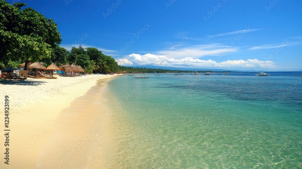 Fototapeta premium Idyllic Tropical Beach Scene With Boats And Clear Water