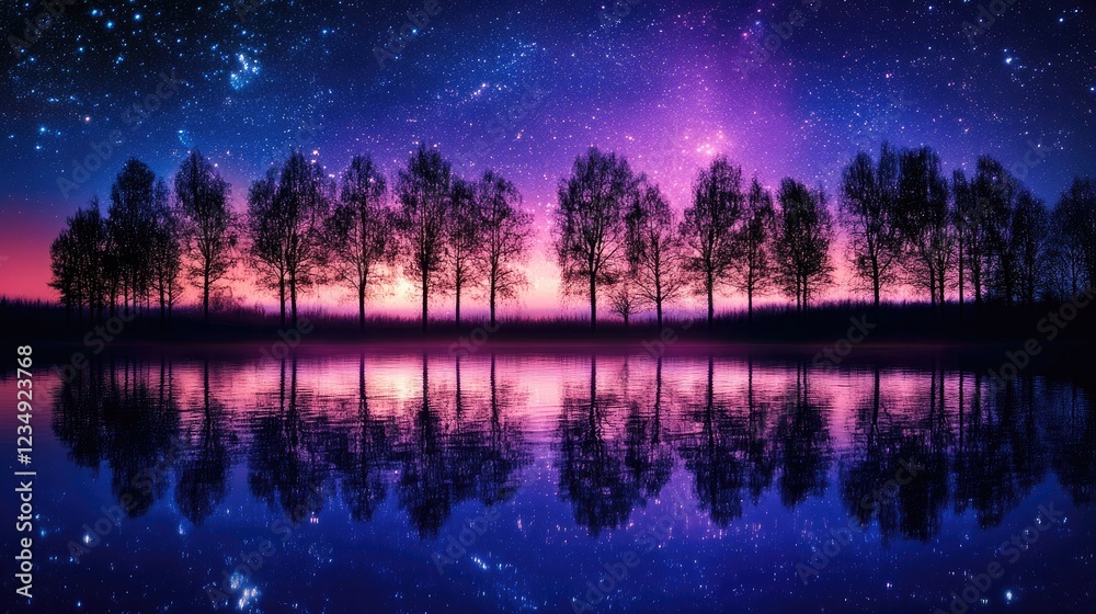 A starry night reflecting on a still lake with silhouettes of trees. A starry night reflecting on a still lake with silhouettes of trees.