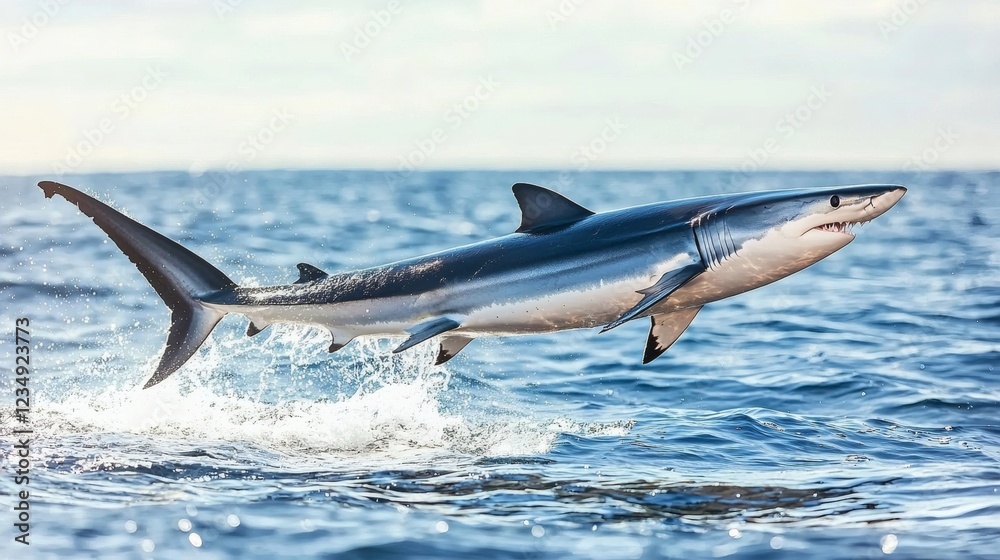 Fototapeta premium Blue Shark's Oceanic Leap: A Dynamic Marine Wildlife Photograph