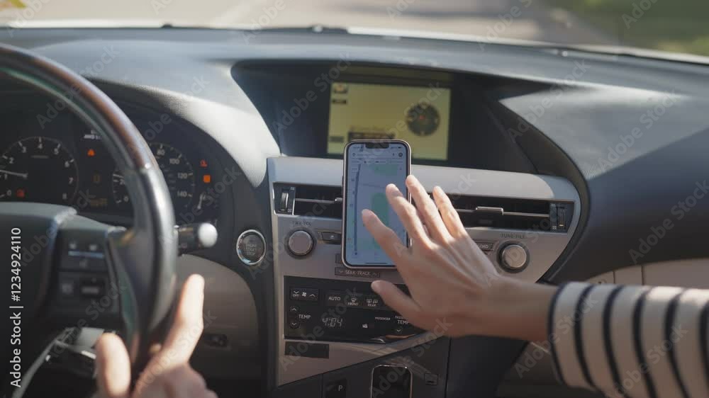 Female passenger zooming in on map displayed on smartphone attached to dashboard in moving car. Woman adjusting navigation app while traveling in unknown area. Giving precise directions. Female passenger zooming in on map displayed on smartphone attached to dashboard in moving car. Woman adjusting navigation app while traveling in unknown area. Giving precise directions.