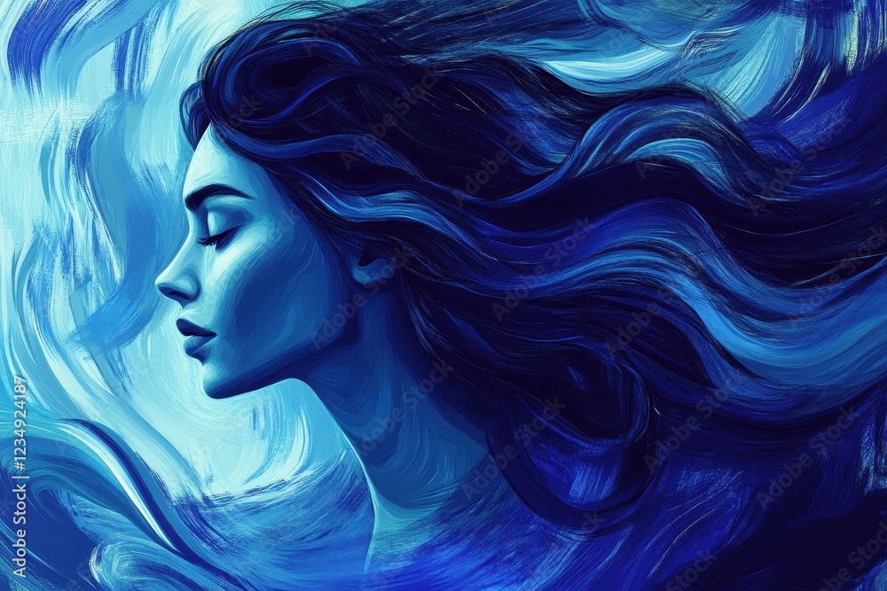 Serene Woman Profile Abstract Blue Waves Painting Serene Woman Profile Abstract Blue Waves Painting