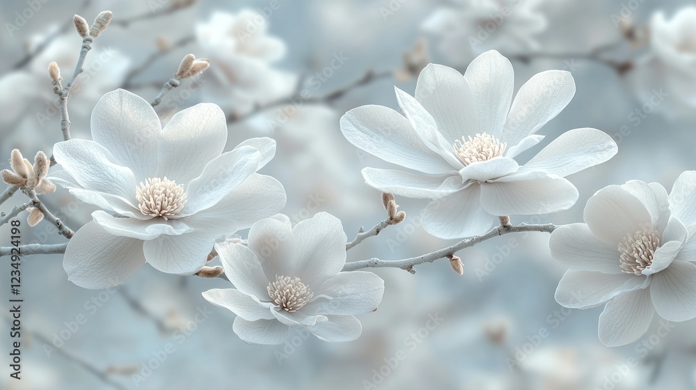 White magnolia blossoms blooming on branches in a soft, dreamy garden White magnolia blossoms blooming on branches in a soft, dreamy garden