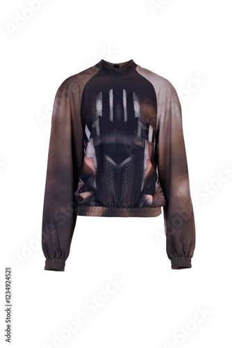 A long-sleeved, high-neck blouse with an abstract, symmetrical print, displayed on a white background.