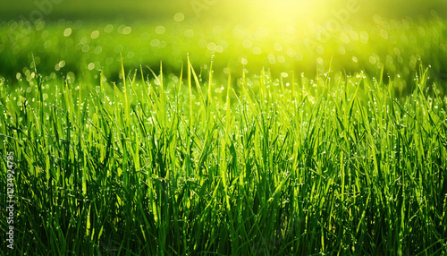 Morning dew on lush green grass natural landscape vibrant environment sunlit viewpoint refreshing concept