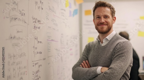 Presentation, writing and people in business meeting, manager or presenter training, ideas and planning. Happy man on whiteboard for proposal, pitch and clients or staff with startup notes or agenda