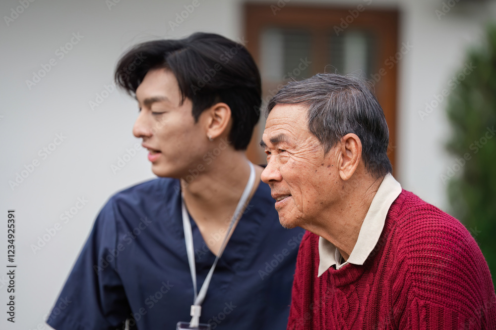 Elderly man enjoying a moment with a supportive healthcare worker, showcasing friendship and care Elderly man enjoying a moment with a supportive healthcare worker, showcasing friendship and care