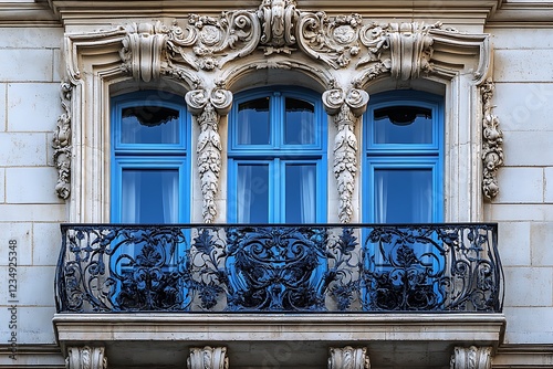 Ornate Balcony with Blue Windows and Intricate Ironwork photo