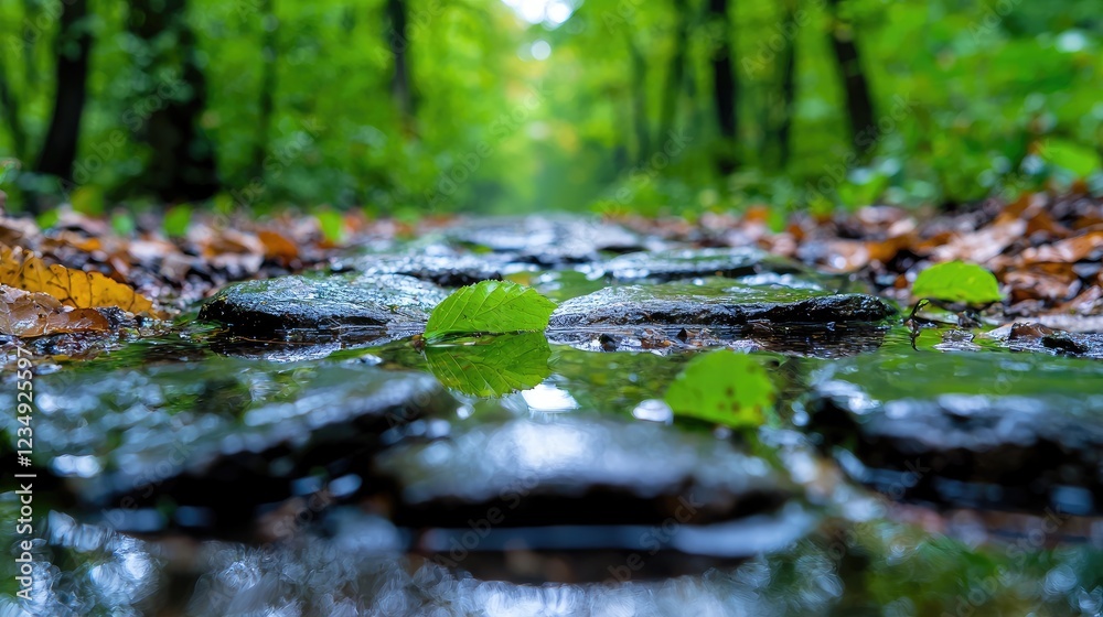 Fototapeta premium Wet stone path covered in puddles and fallen autumn leaves leads through a lush green forest after rain.