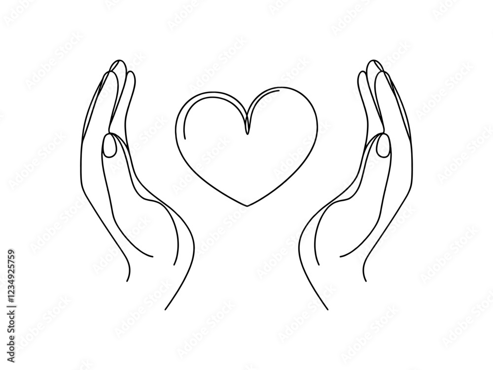 Hands holding heart. One continuous line drawing of support, charity concept. Vector illustration.